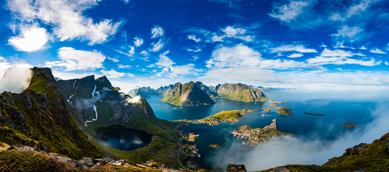 An aerial view of Lofoten, an archipelago in Nordland, Norway