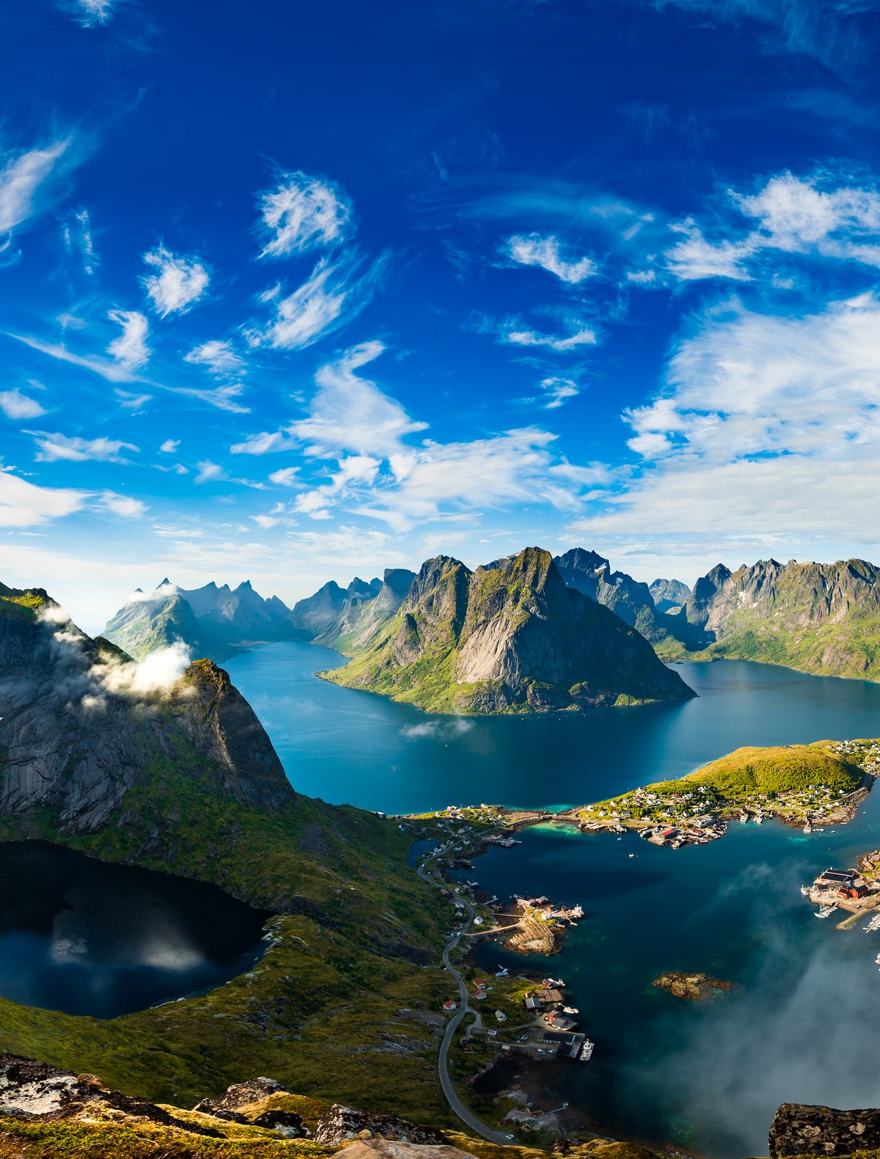 An aerial view of Lofoten, an archipelago in Nordland, Norway