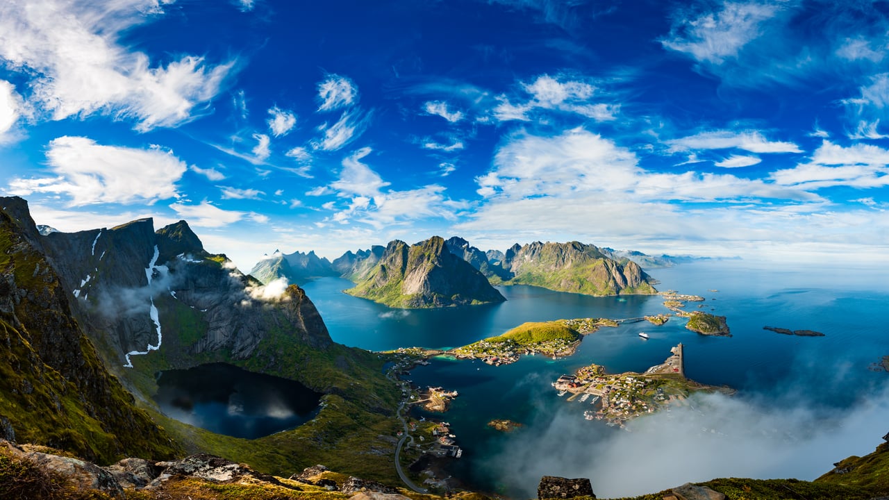 An aerial view of Lofoten, an archipelago in Nordland, Norway