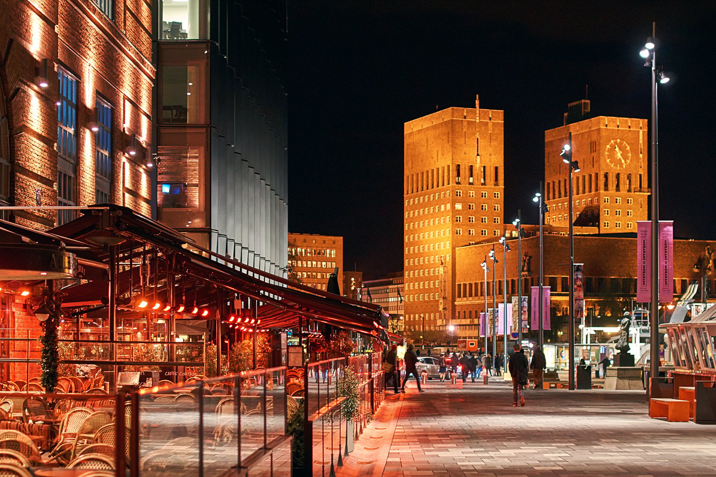 Aker Brygge Dock in Oslo, Norway at night