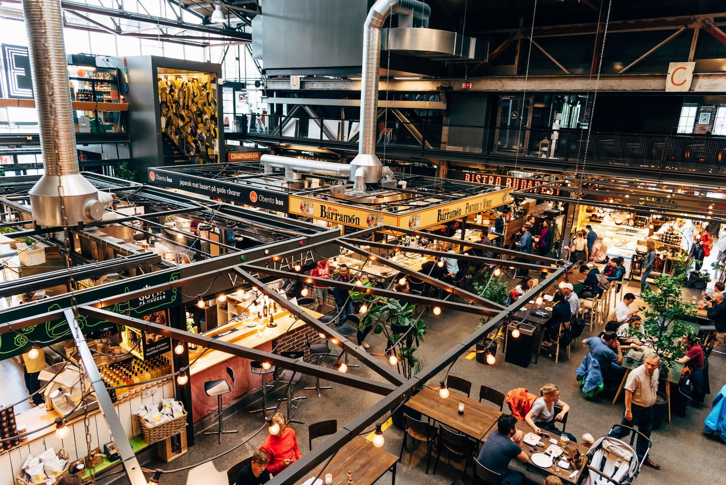 An aerial view of Mathallen Oslo, a food market in the Grunerlokka neighbourhood.