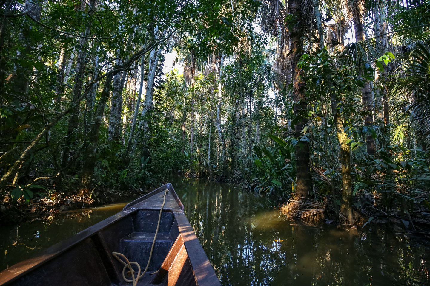 A boat on the Sandoval Lake in Puerto Maldonado, Peru