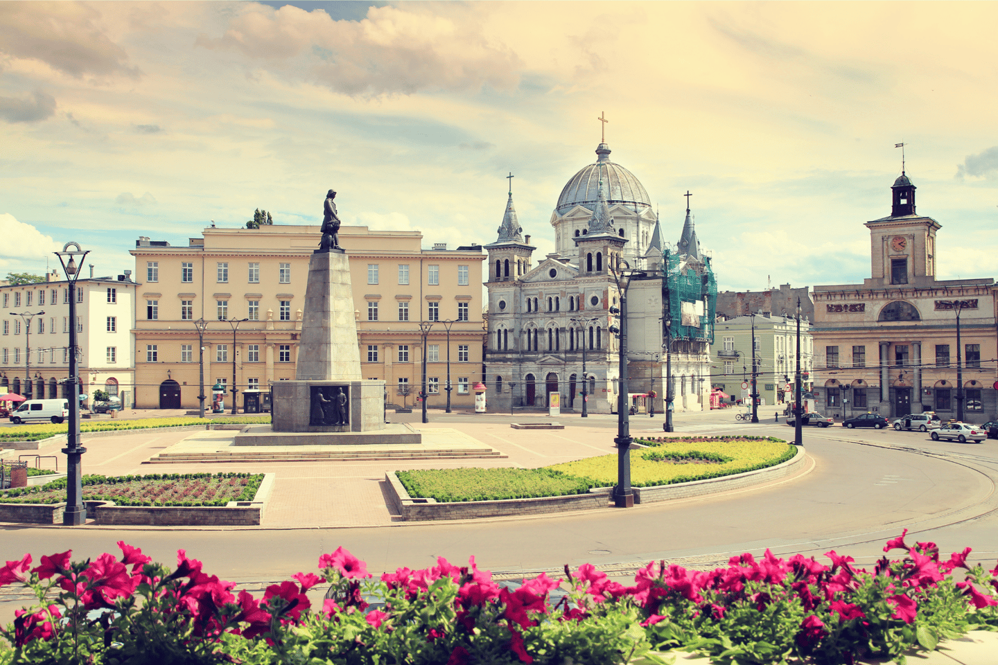 Freedom Square and pink flowers in Lodz, Poland