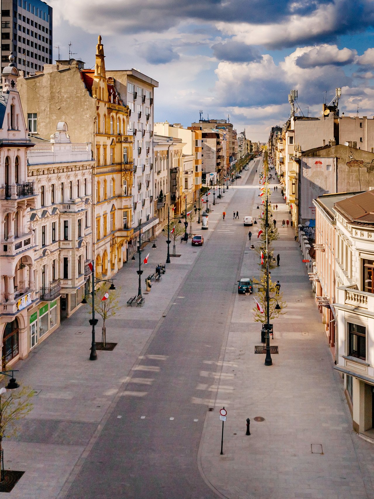 An empty view of Piotrkowska Street in Lodz, Poland