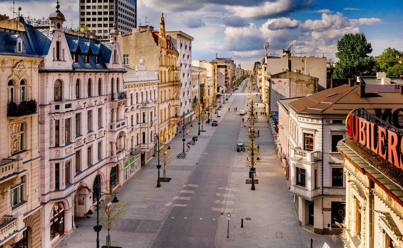 An empty view of Piotrkowska Street in Lodz, Poland