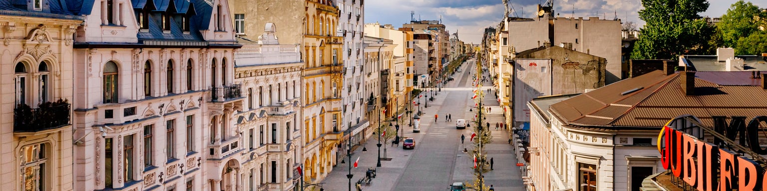 An empty view of Piotrkowska Street in Lodz, Poland