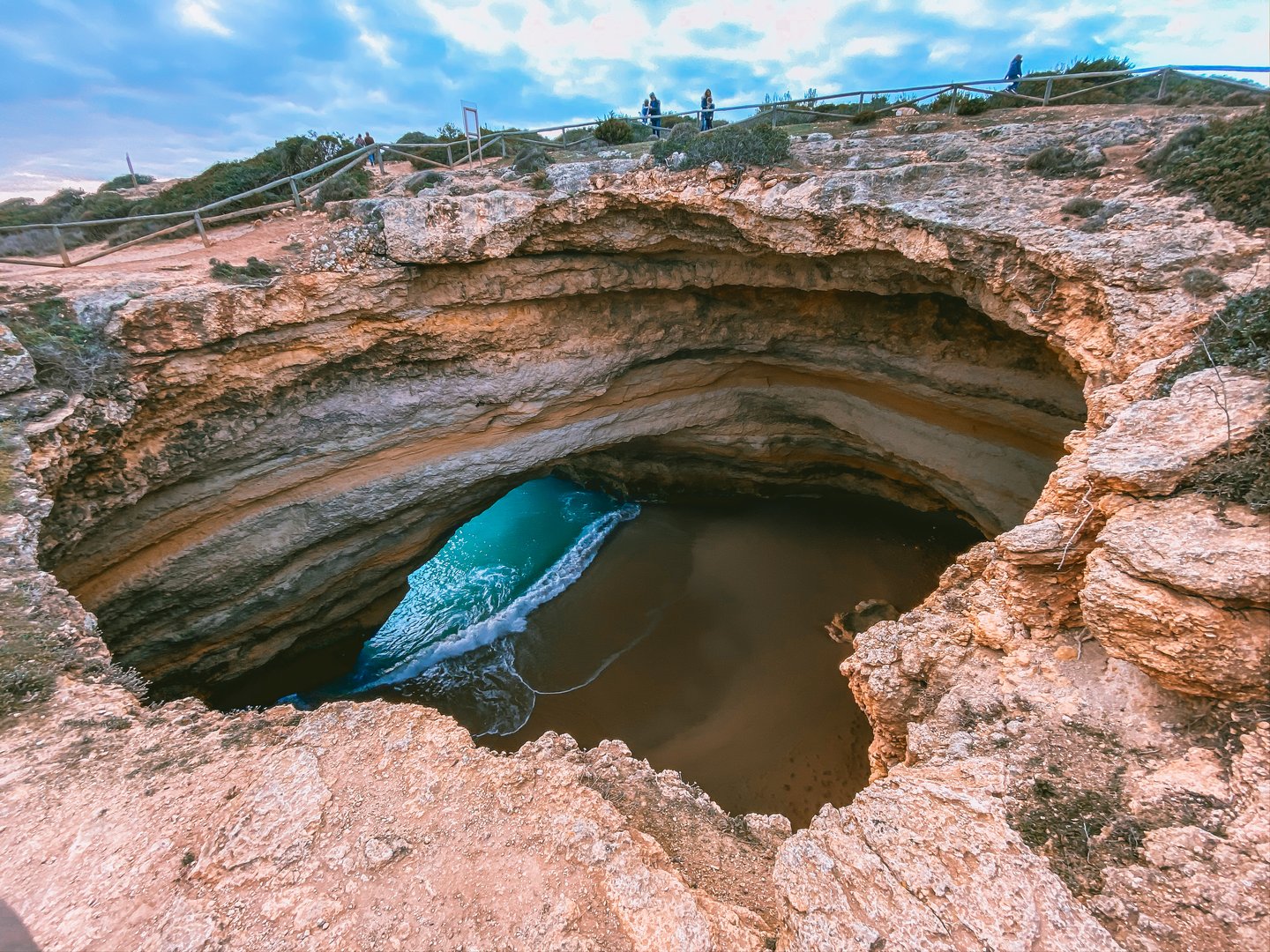 Looking down into Benagil Cave from the outside.