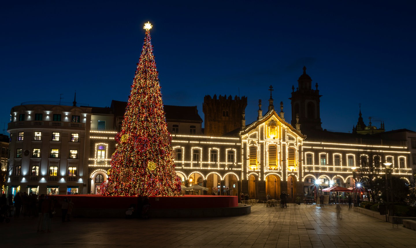 Portuguese Christmas lights decoration with an enormous tree in Braga city centre, Portugal