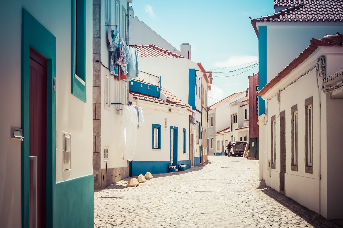 Empty streets and white buildings in Ericeira, Portugal