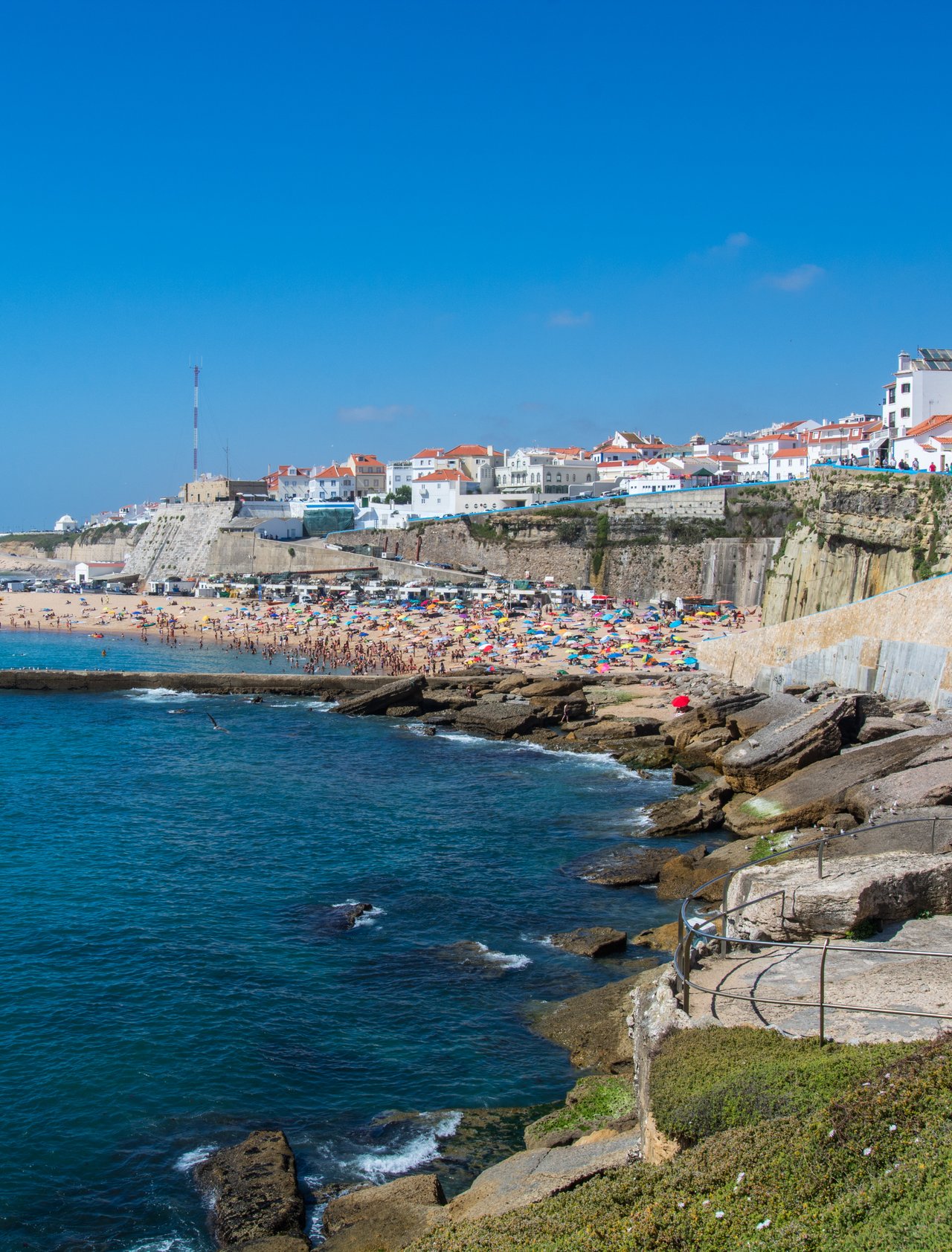 A panoramic view of the beach and town on the cliff in Ericeira, Portugal