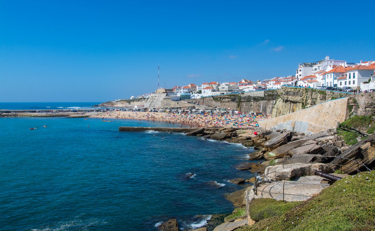 A panoramic view of the beach and town on the cliff in Ericeira, Portugal