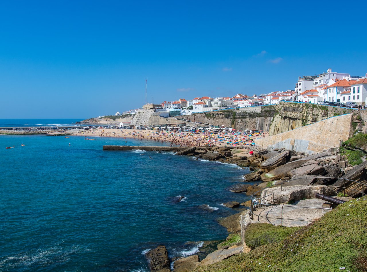 A panoramic view of the beach and town on the cliff in Ericeira, Portugal