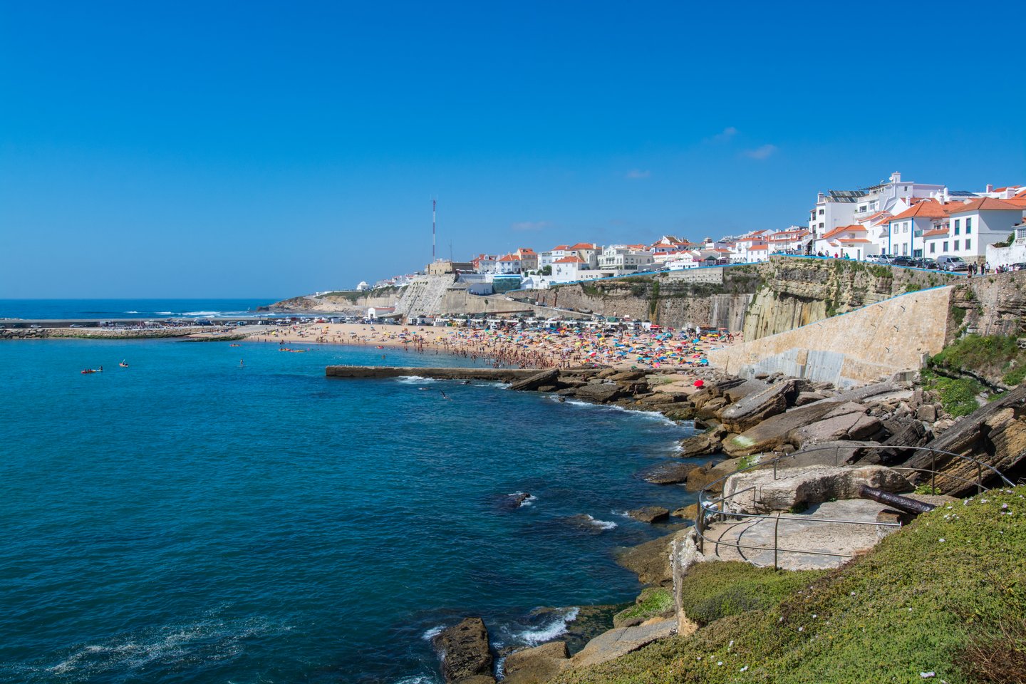 A panoramic view of the beach and town on the cliff in Ericeira, Portugal