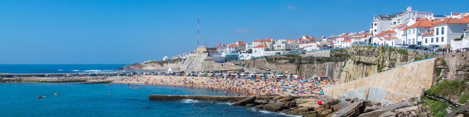 A panoramic view of the beach and town on the cliff in Ericeira, Portugal