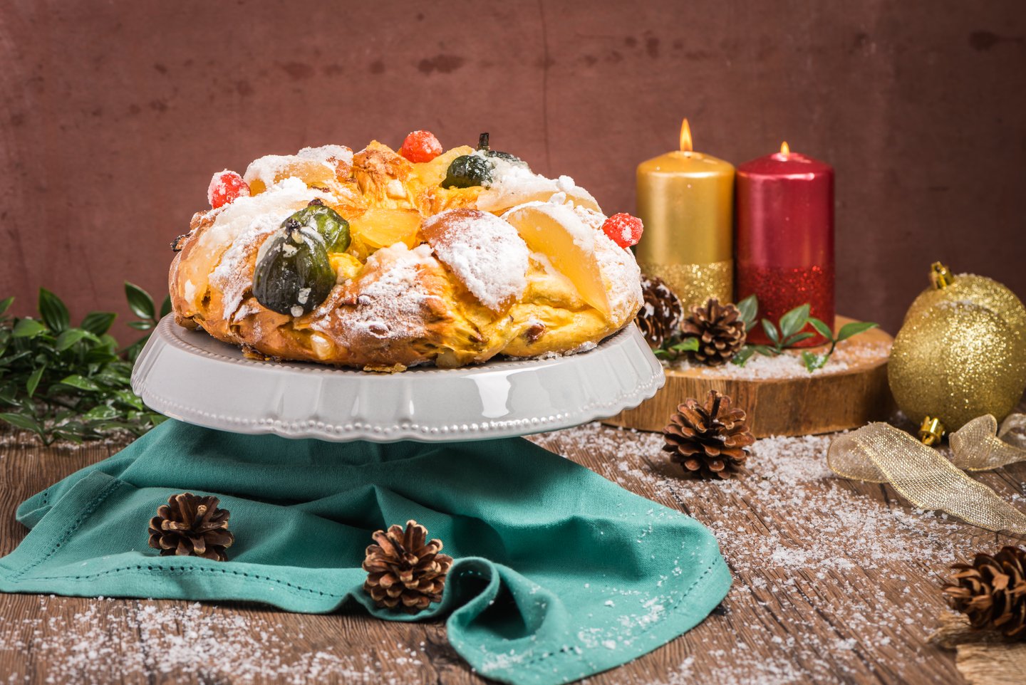 The traditional Bolo do Rei or King's Cake served for Christmas in Portugal