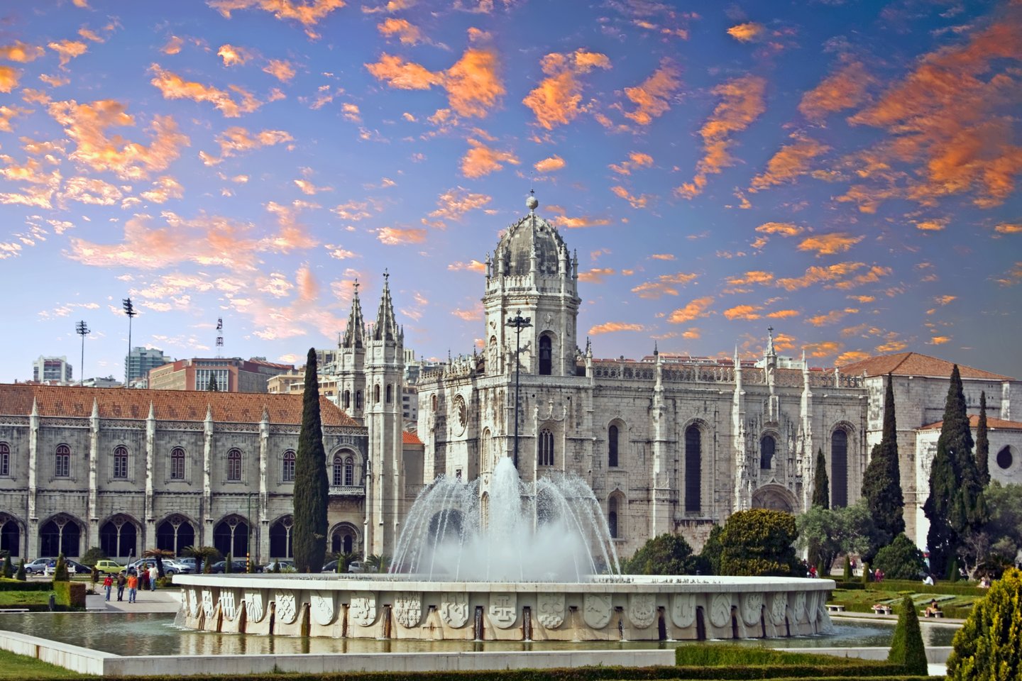 The sun setting over the Jeronimos monastery in Lisbon, Portugal