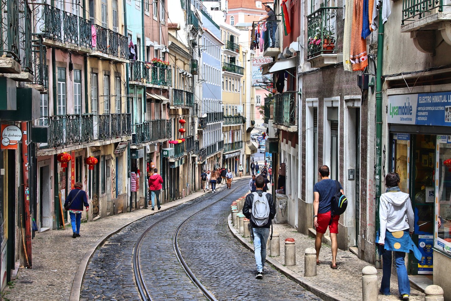 People visit Mouraria district (Moorish Quarter) in Lisbon, Portugal