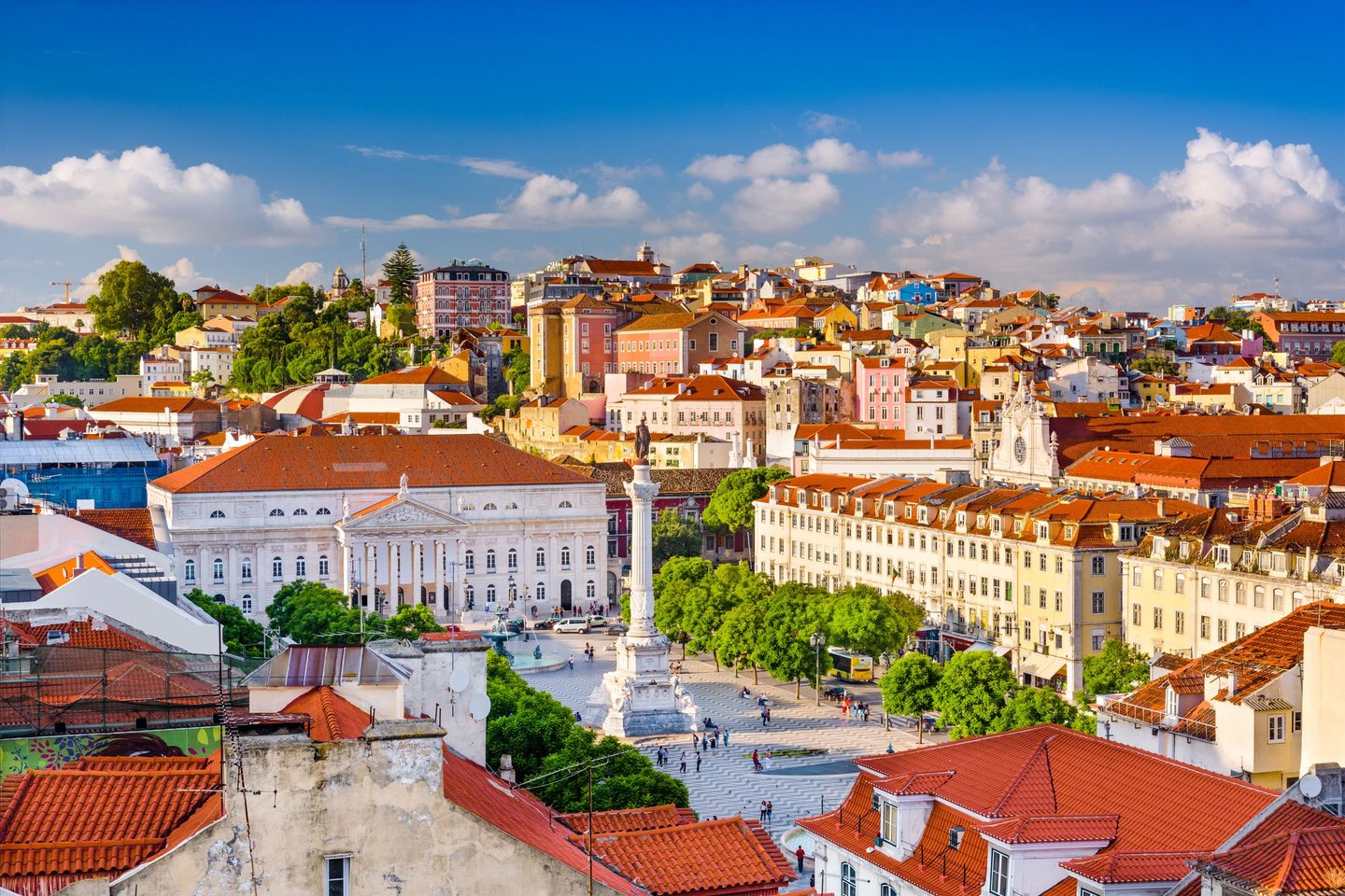 Looking down at the lively Rossio Square in Lisbon