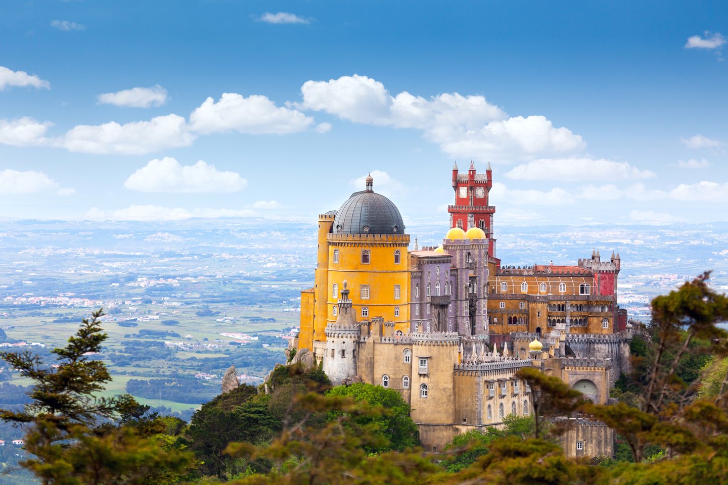 An aerial view of the colourful castle, Palcio da Pena in Sintra, Lisbon