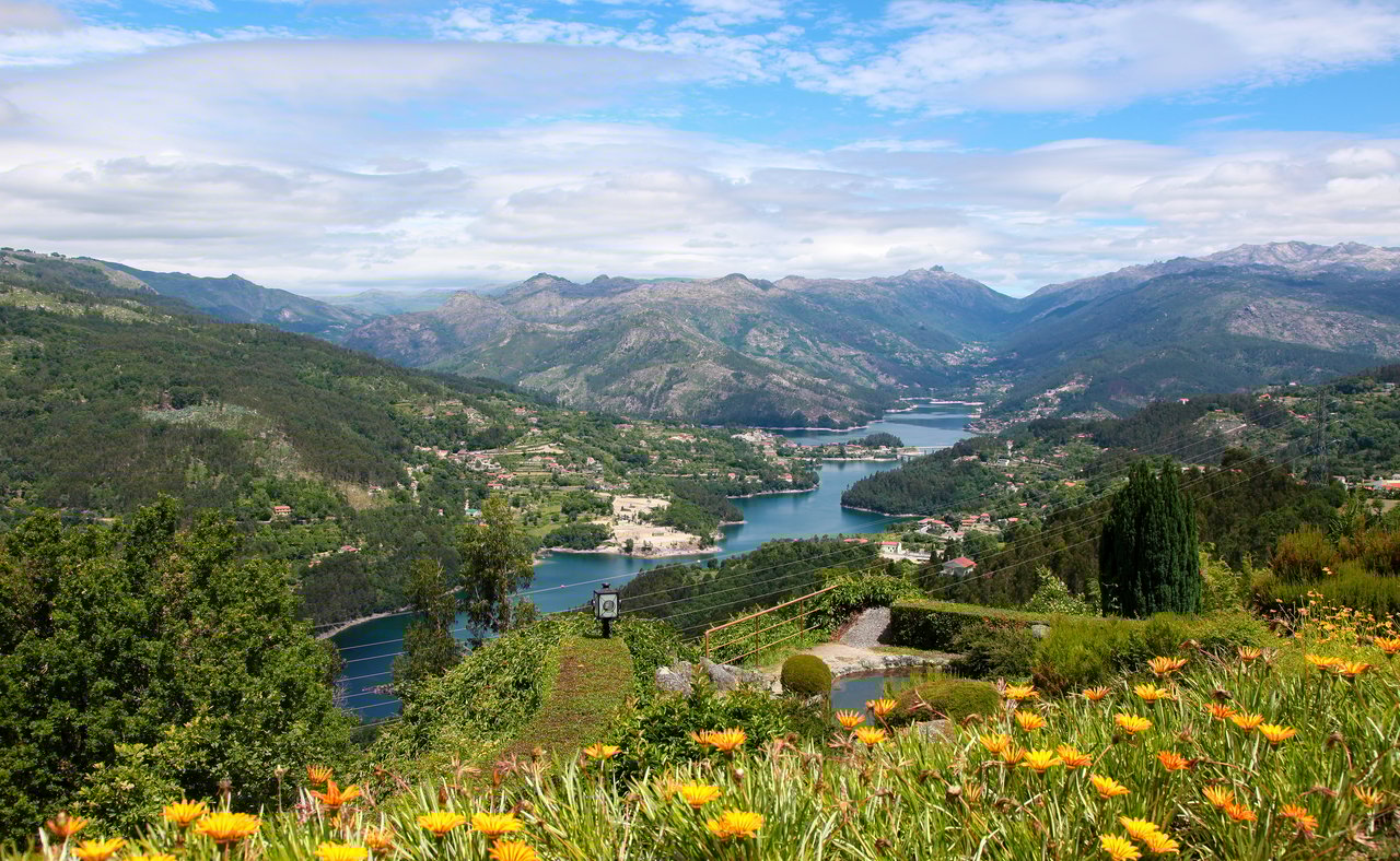Colourful flowers and a river view at Parque Nacional Peneda-Gerês in Portugal