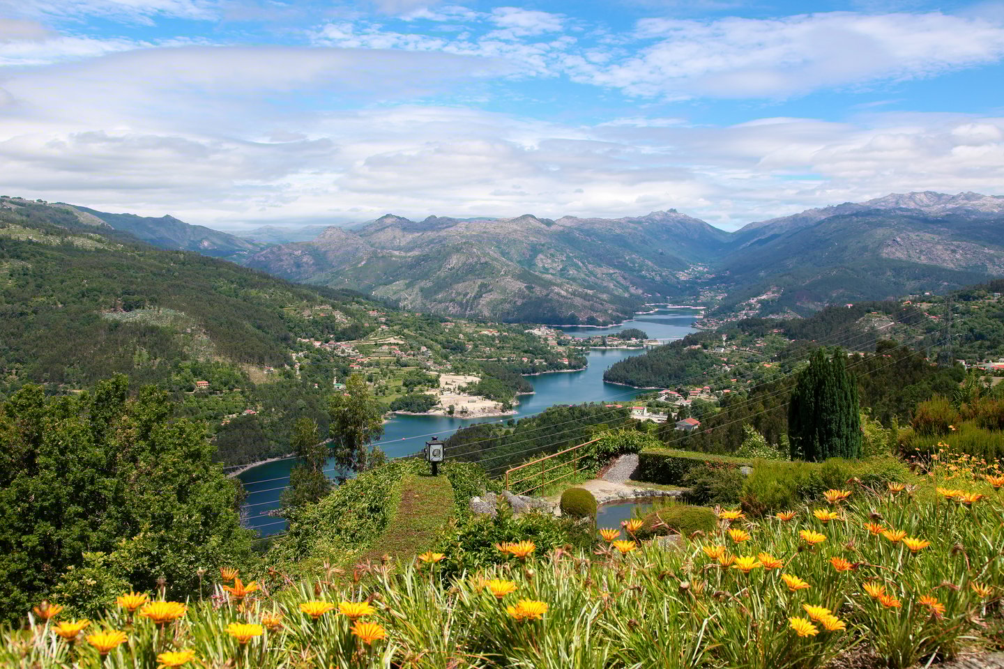 Colourful flowers and a river view at Parque Nacional Peneda-Gerês in Portugal