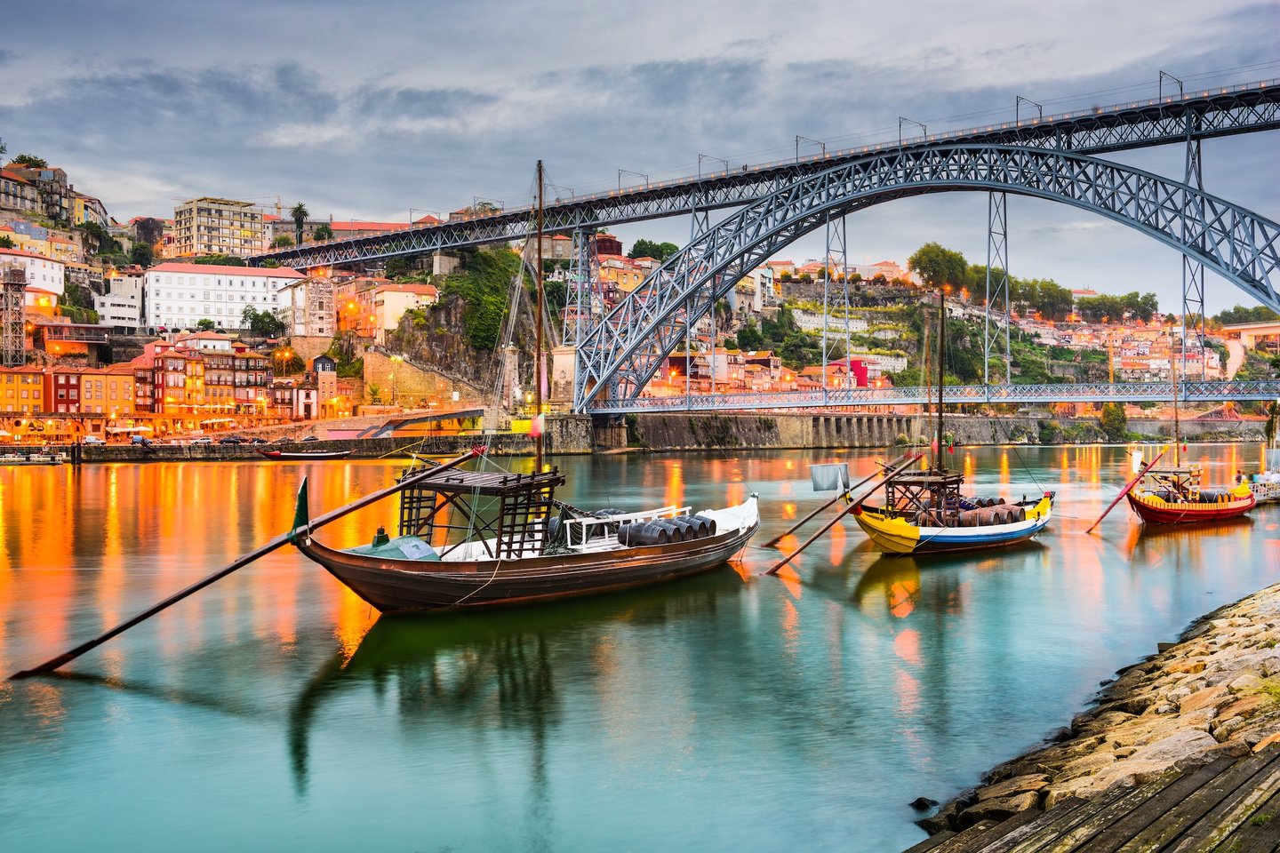 Barcos Rabelos, traditional boats used to transport barrels of wine, on the Douro River in Porto, Portugal