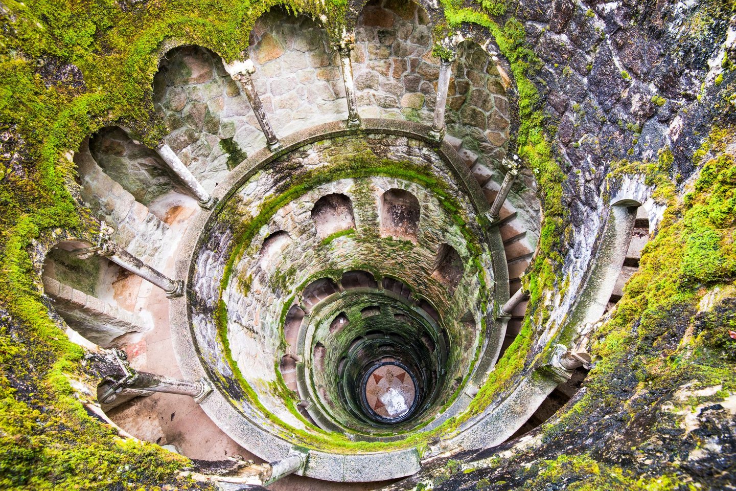 Looking down to the Initiation Well in the gardens of the Quinta da Regaleira in Sintra, Portugal