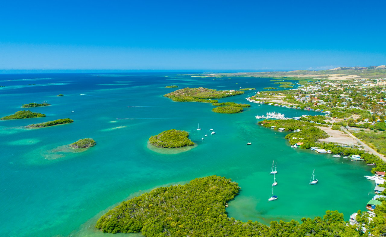 An aerial view of the coastline of Puerto Rico and the Carribean Sea.