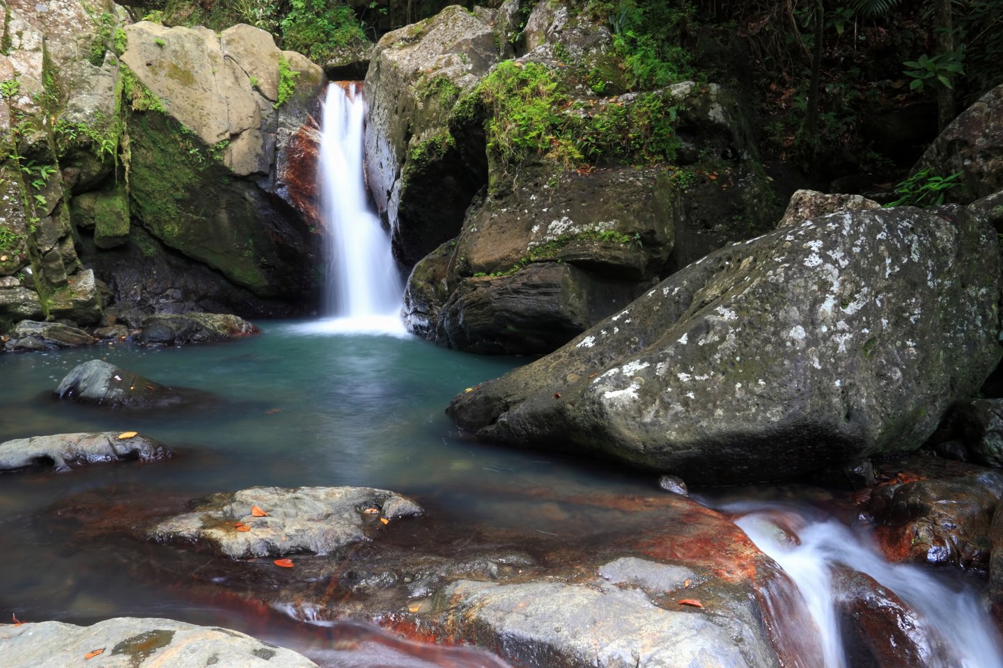 The lower waterfall and pool at La Mina Falls in Puerto Rico