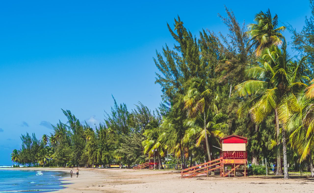 A red lifeguard hut and huge palm trees at Luquillo Beach, Puerto Rico