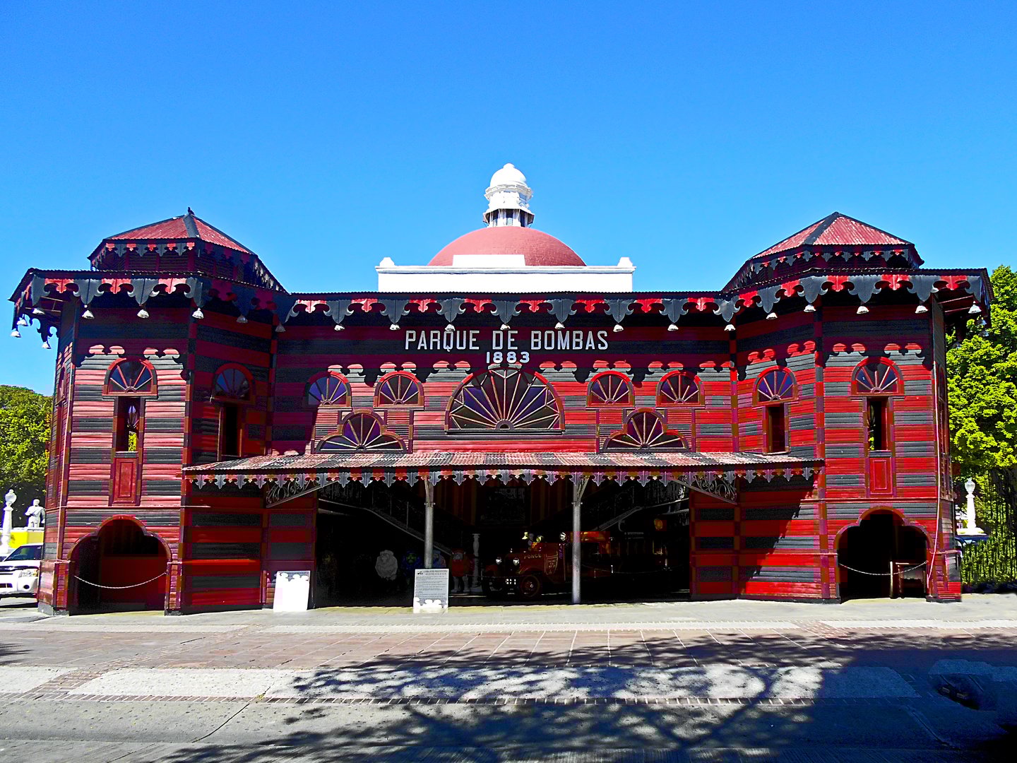 The red and black Parque de Bombas museum (previously a fire station) in Ponce, Puerto Rico