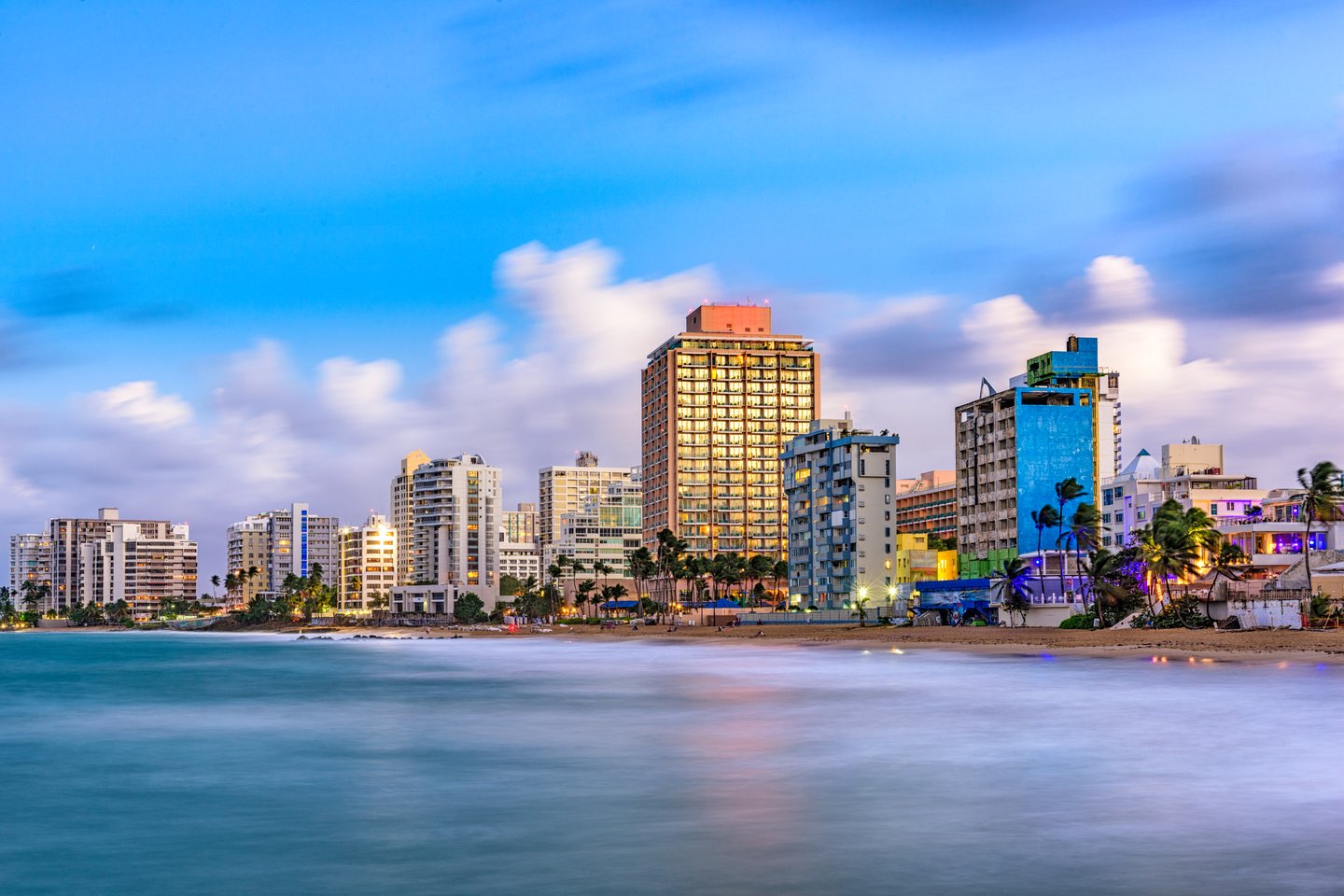 Hotels and buildings lining the beach in San Juan, Puerto Rico