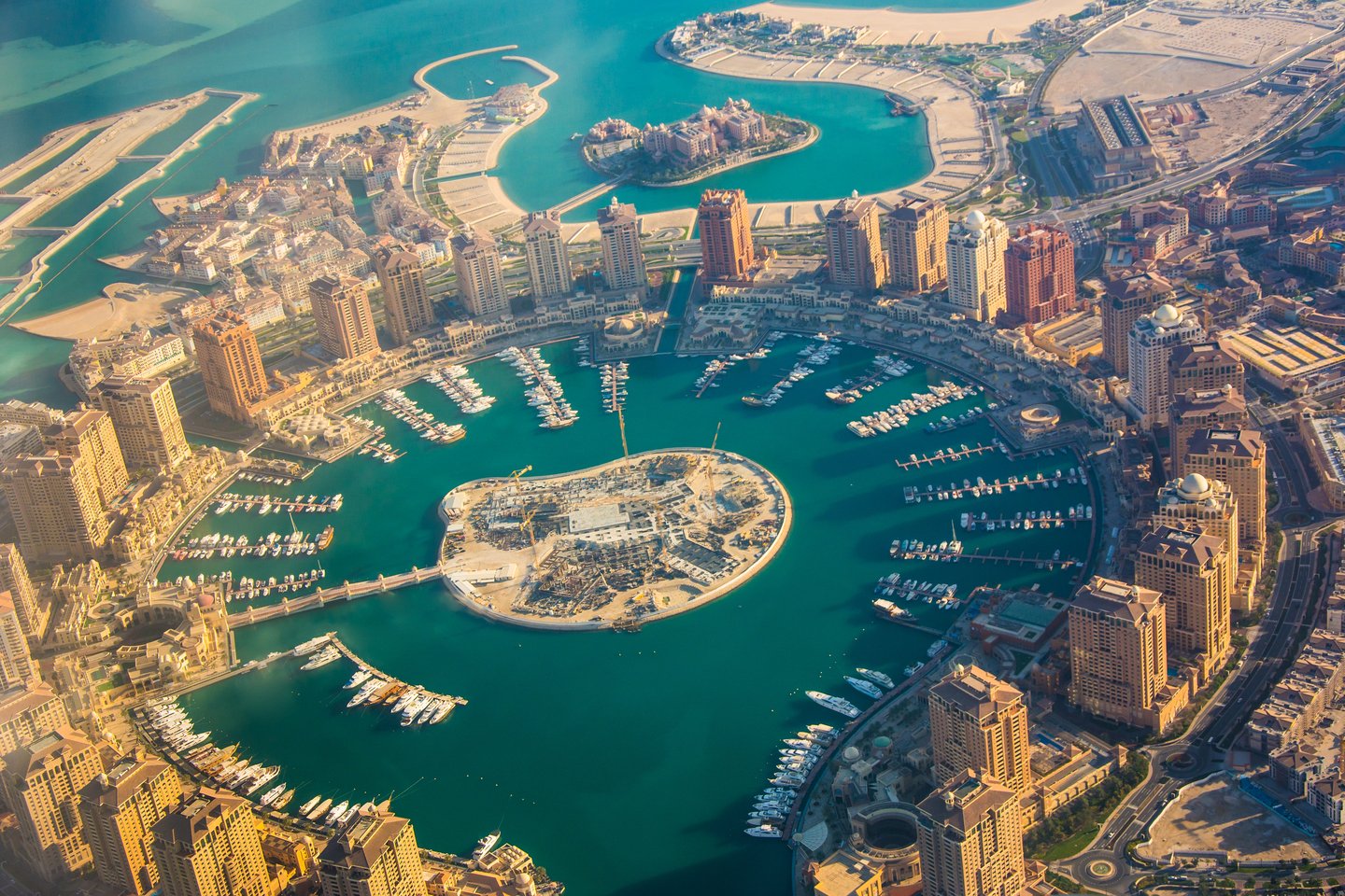 An aerial photo of The Pearl, an artificial island in Doha, Qatar