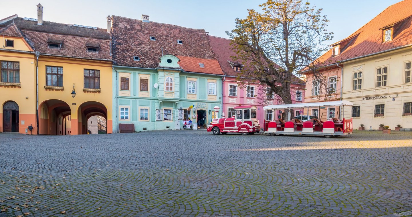 Well preserved Citadel Square ( Piata Cetatii) in the center of Sighisoara, Romania.