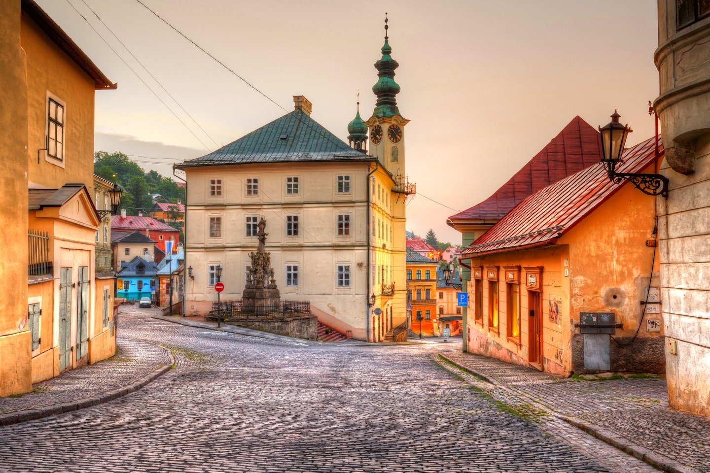 The town hall in the main square of the old town of Banska Stiavnica, Slovakia.