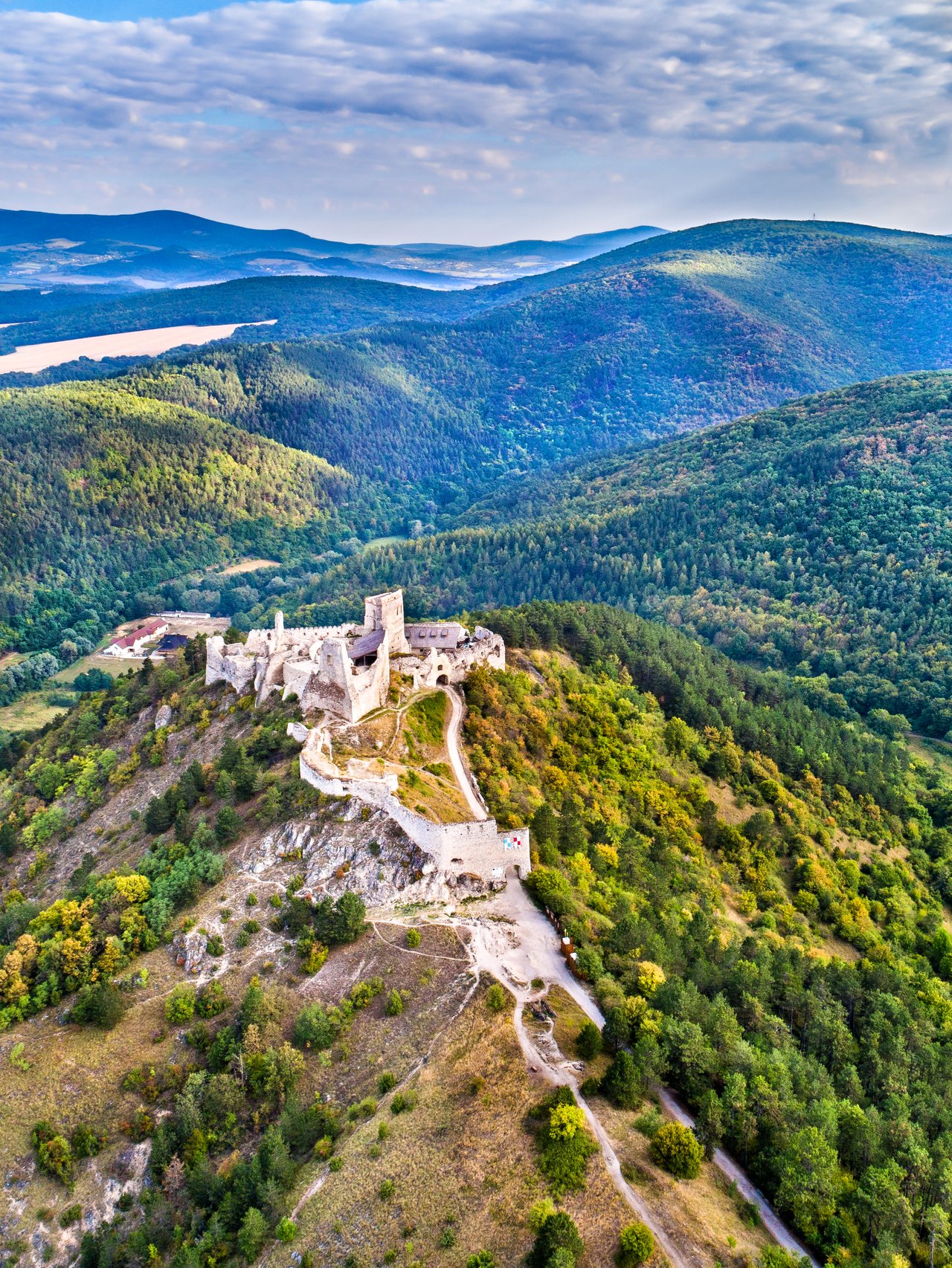 An aerial view of Čachtice Castle