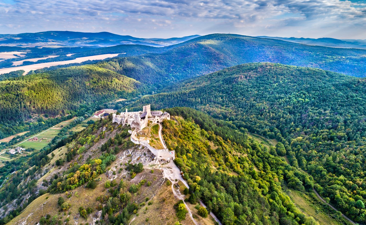 An aerial view of Čachtice Castle
