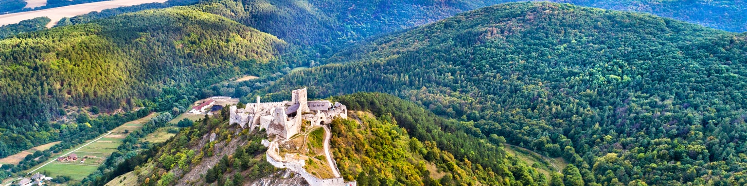 An aerial view of Čachtice Castle