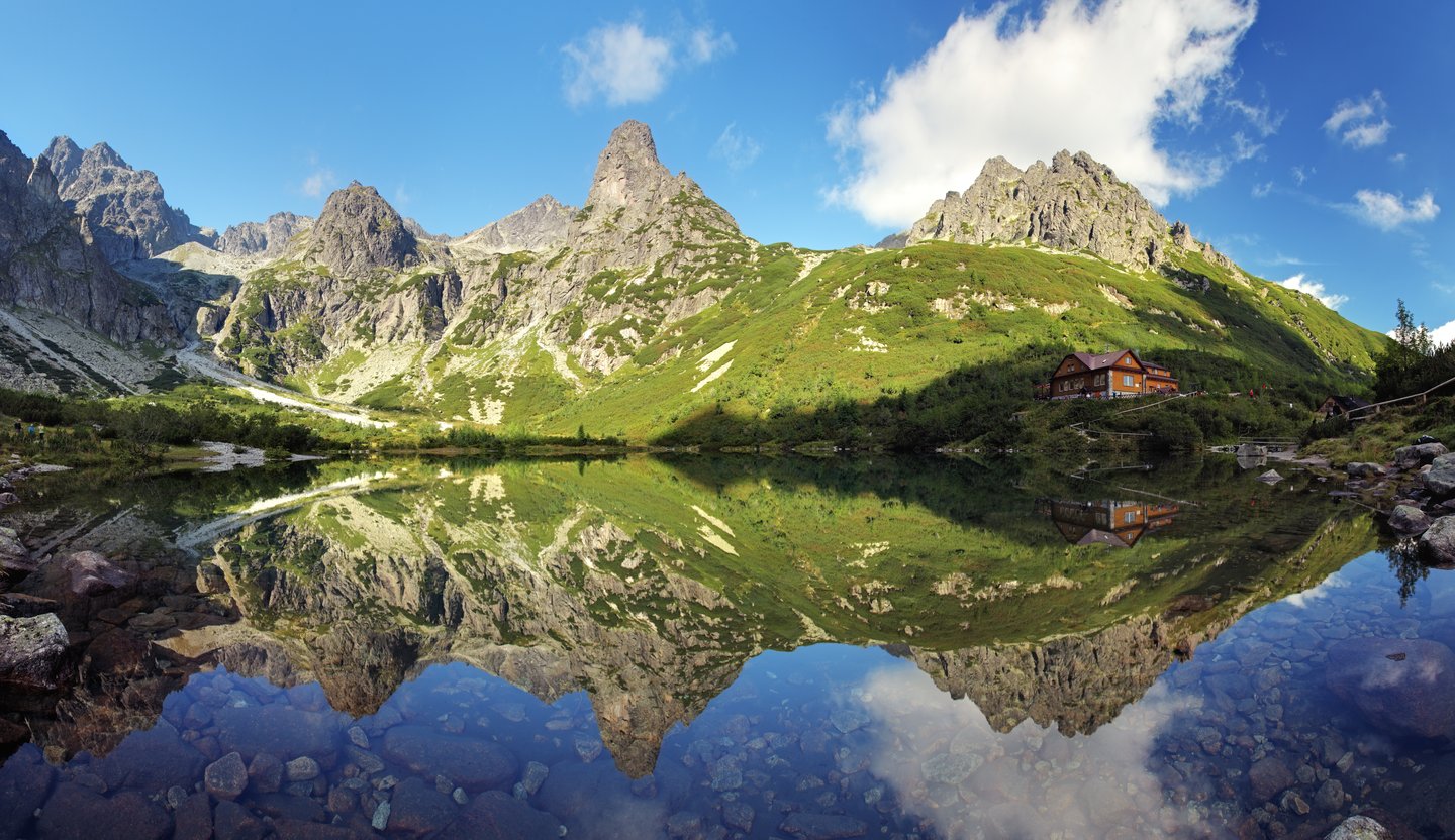 Reflections of the mountains in Štrbské Pleso, a lake in the High Tatras in Slovakia