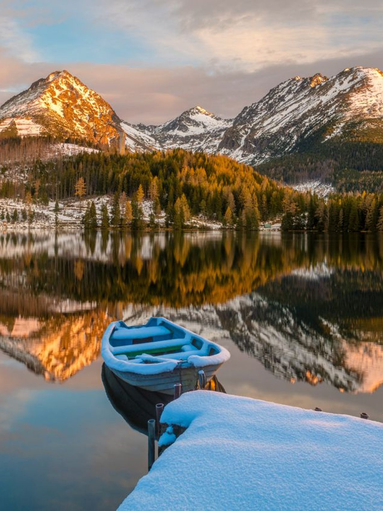 A frosty morning over Strbske Pleso, a mountain lake, in the High Tatras, Slovakia
