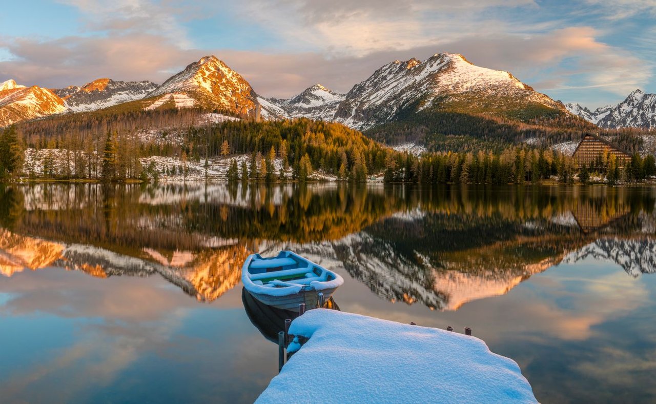 A frosty morning over Strbske Pleso, a mountain lake, in the High Tatras, Slovakia