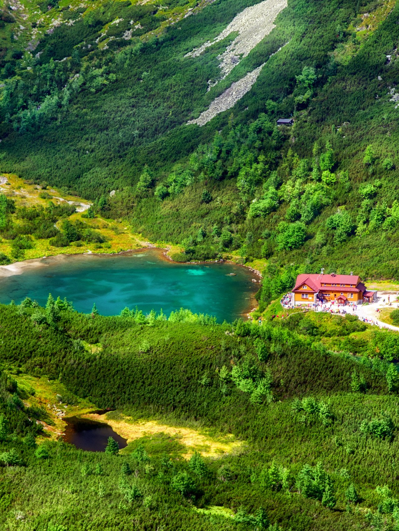 An aerial view of Zelené Pleso, the Green Lake, with a house on its shores, in the High Tatras, Slovakia