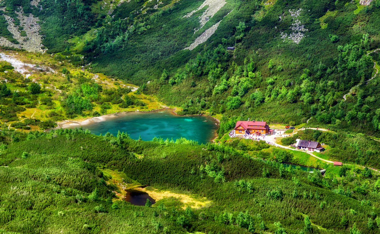 An aerial view of Zelené Pleso, the Green Lake, with a house on its shores, in the High Tatras, Slovakia