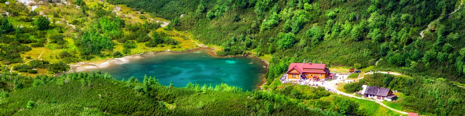 An aerial view of Zelené Pleso, the Green Lake, with a house on its shores, in the High Tatras, Slovakia