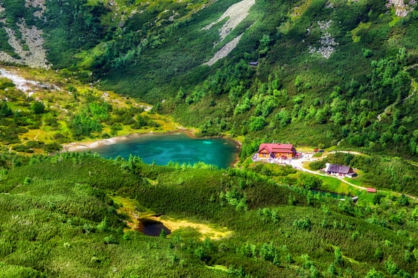 An aerial view of Zelené Pleso, the Green Lake, with a house on its shores, in the High Tatras, Slovakia