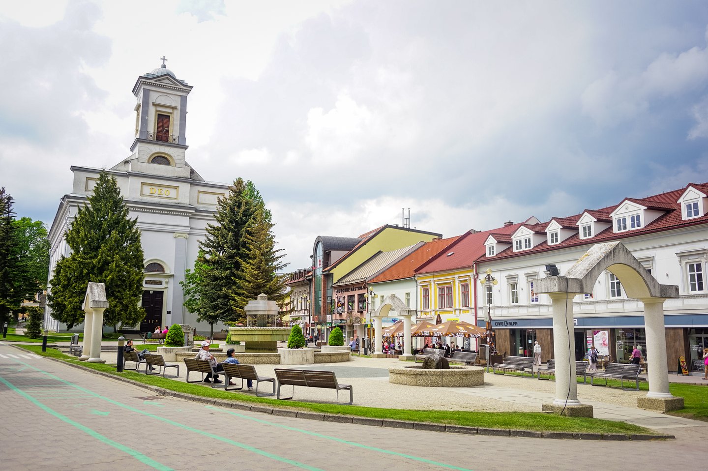 Colourful buildings in the centre of Poprad on sunny spring day. 