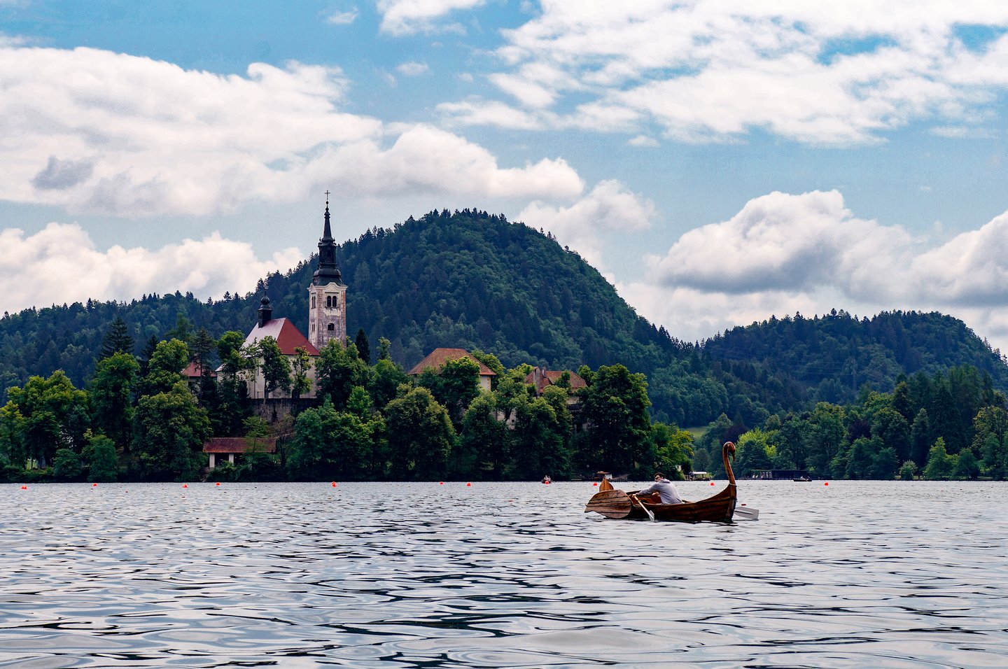 Rowing to the monastery on the island on Lake Bled
