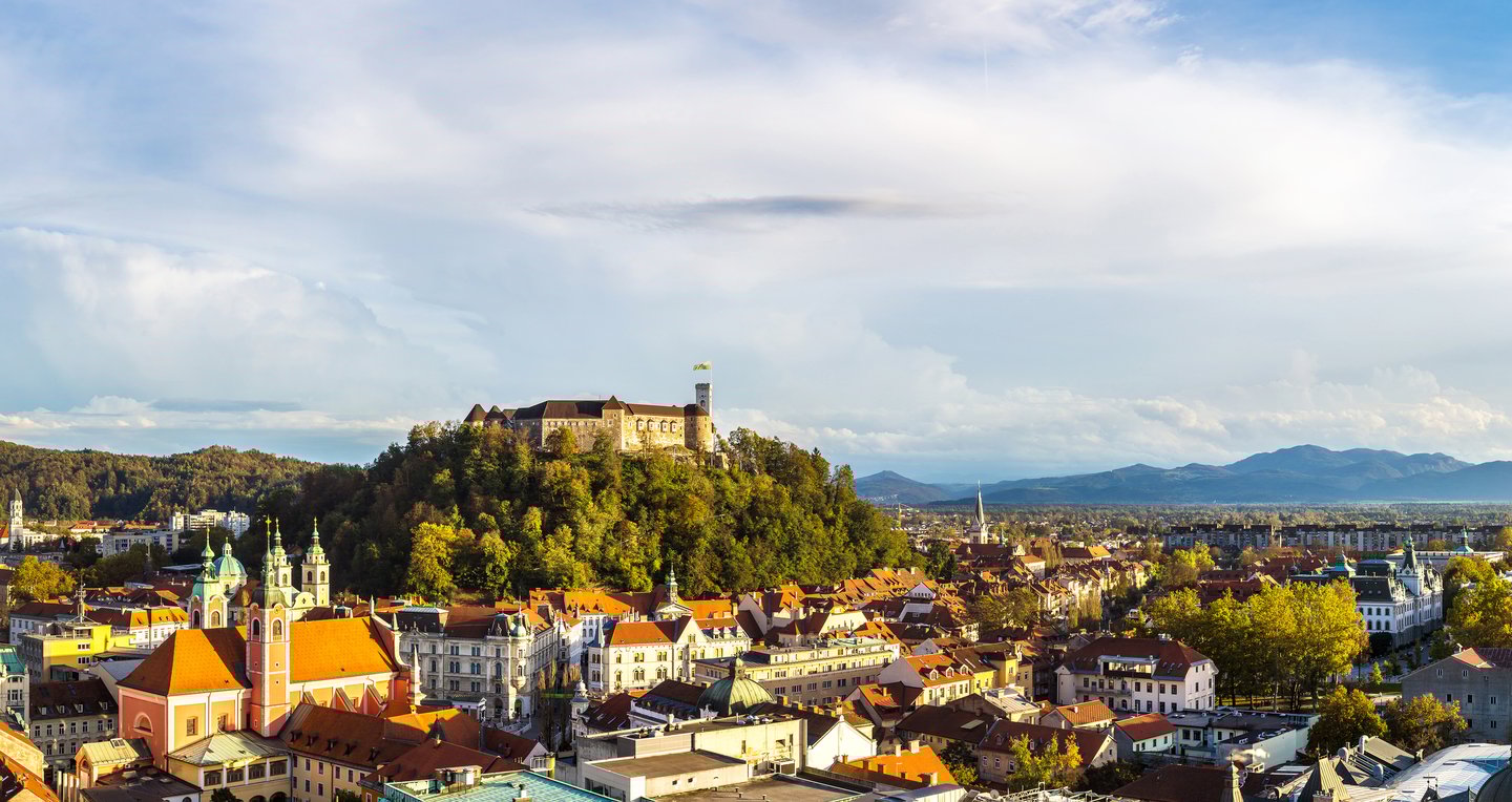 An aerial view of Ljubljana and the castle on the hill