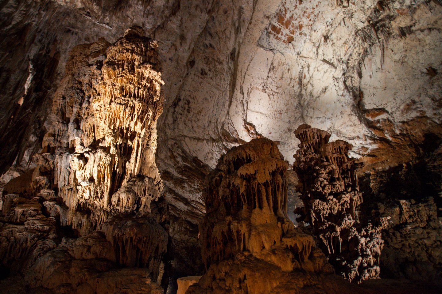 Clusters of stalagmites and rock formations in the Skocjan Caves
