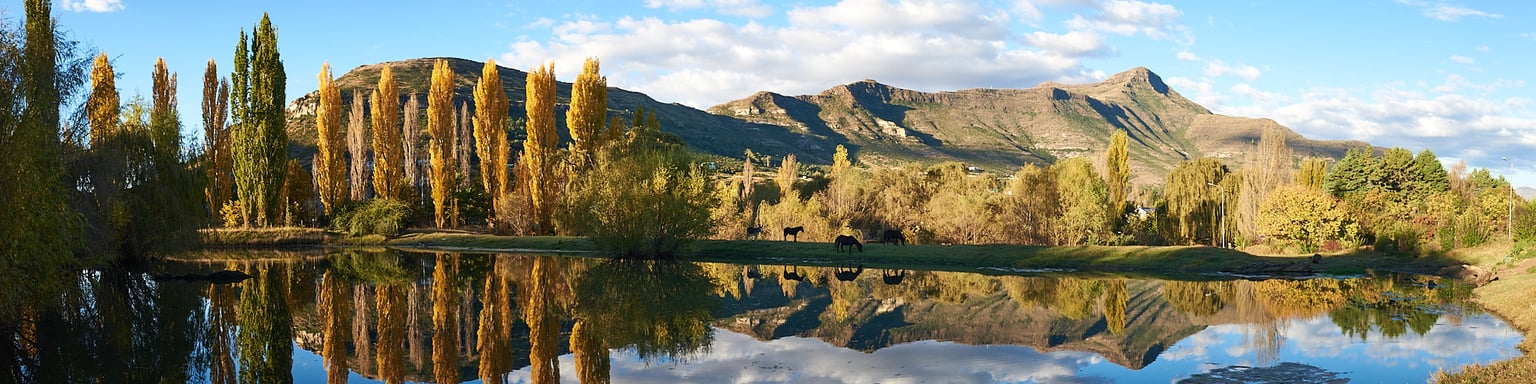 Mountains and trees reflected in a lake in Clarens